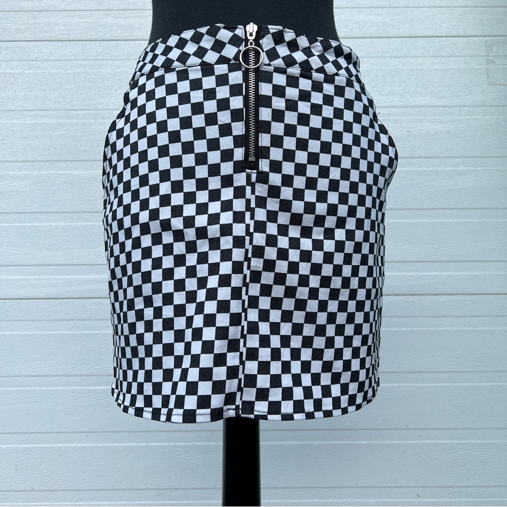 Retro Orange Kiss Black and White Checker Punk Mini Skirt, S